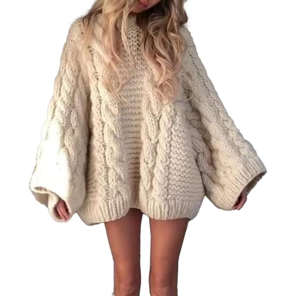 Women Oversized Chunky Cable Knit Sweater Long Sleeves Crewneck Pullover